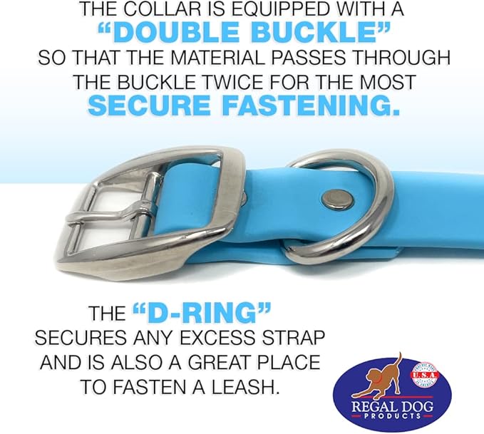 Regal Dog Products Small Light Blue Dog Collar with Heavy Duty Double Buckle & D Ring | Vinyl Coated, Custom Fit, Adjustable Biothane Dog Collar Chew Resistant Waterproof Collar for Dogs