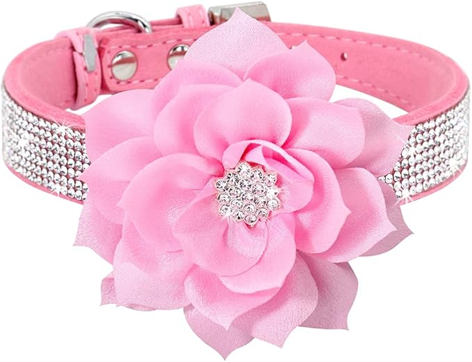 PET ARTIST Bling Rhinestone Dog Collar, Cute & Soft Suede Leather Dog Collar Girl with Pink Flower, Sparkling Puppy Collars for Female Small Dogs Cats Walking Party Wedding,XS
