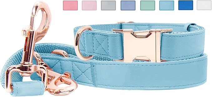 Soft Leather Dog Collar and Leash (6.6') Set - Stylish Rose Gold Heavy Duty Metal Buckle, 4 Adjustable Lengths Leash for Small Medium Large Dogs - Comfortable & Easy to Clean Light Blue L(15.4"-24.8")