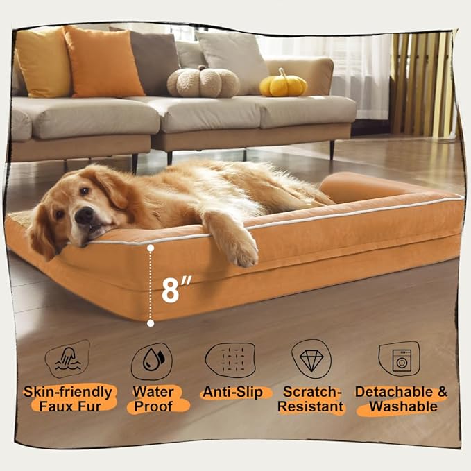 Large Dog Bed Orthopedic Washable, Orthopedic Dogs Beds for Large Dogs with Washable Cover, Removable Bolster and Non-Slip Bottom Orange Gaint Dog Beds, XXXLarge Extra Large Dogs