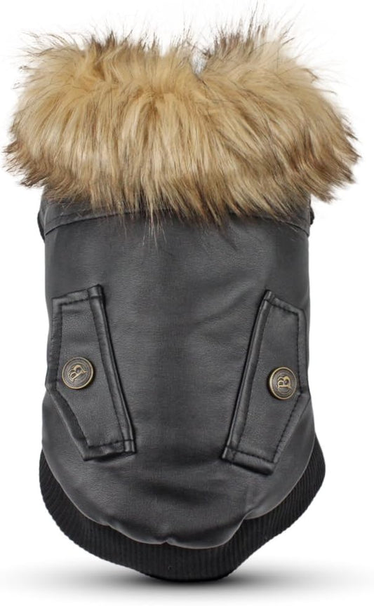 LESYPET Dog Leather Jacket for Small Dogs, Small Dog Jacket Dog Coat Double Layer with Warm Fleece Lined for Small Dogs Puppy Cat, Black XX-Large