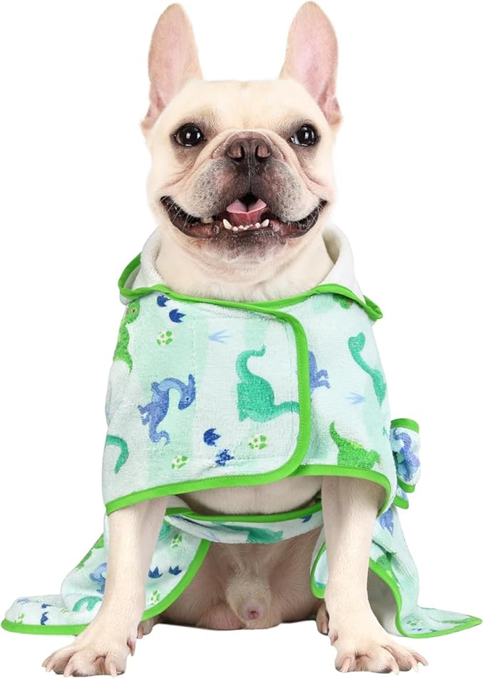 HDE Dog Bathrobe Super Absorbent Quick Drying Towel with Hood for All Dog Breeds Sizes S-XXL - Cute Dinosaurs - M