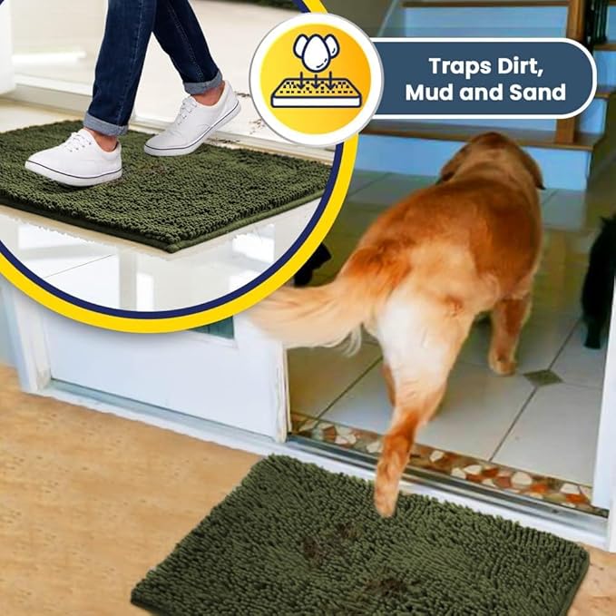 Muddy Mat® Original Dog Door Mat for Muddy Paws, Super Absorbent Microfiber, Non-Slip Washable Pet Rug, Quick Dry Chenille Entryway Carpet, Machine Washable Indoor Outdoor mat, Army Green 18"x28"