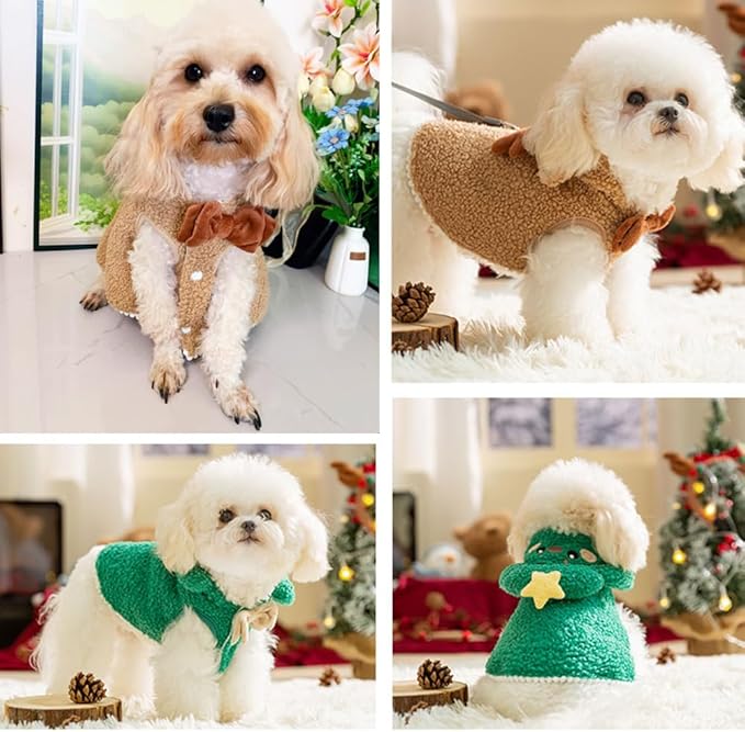 ANIAC Dog Christmas Cape Coat with D-Ring Cat Santa Costume with Xmas Tree Hat New Year Dogs Outfit Warm Puppy Clothes for Small Dog Holiday Pet Cloak for Cat (Brown, Large)