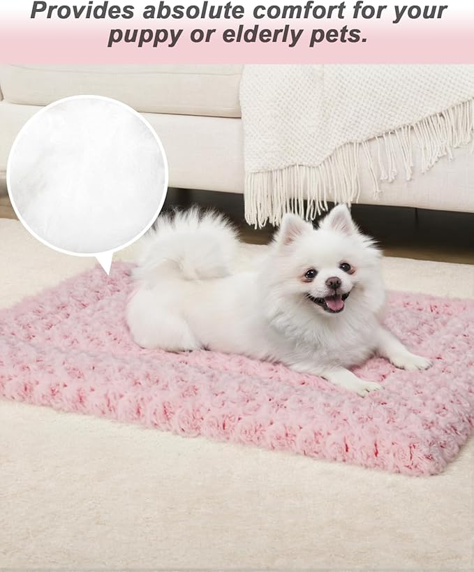 Washable Dog Bed Mat Crate Pad Soft Fluffy Pet Kennel Beds Dog Sleeping Mattress for Large Jumbo Medium Small Dogs, 29 x 18 Inch, Pink
