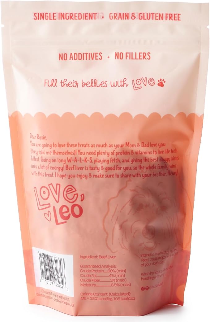 Love Leo Freeze Dried Beef Liver Dog Treats (2 Pack) – Single Ingredient - Without Additives and Fillers – All-Natural Grain Free Dried Liver Dog Treats for Training