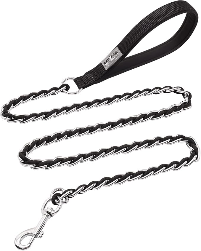 Chew Proof Metal Leash Chain for Medium Large Dogs, 5FT Strong Anti Chew, Comfortable Soft Padded Handle, Black