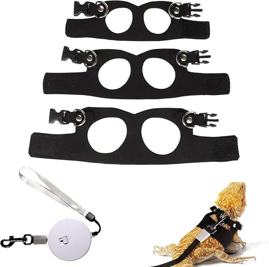 Bearded Dragon Harness and Leash Set, 3 Sizes Super Leather Bearded Dragon Vest with Retractable Small Animal Rope Bearded Dragon Outfits Clothes Accessories for Reptile Walking Outdoor (Black)