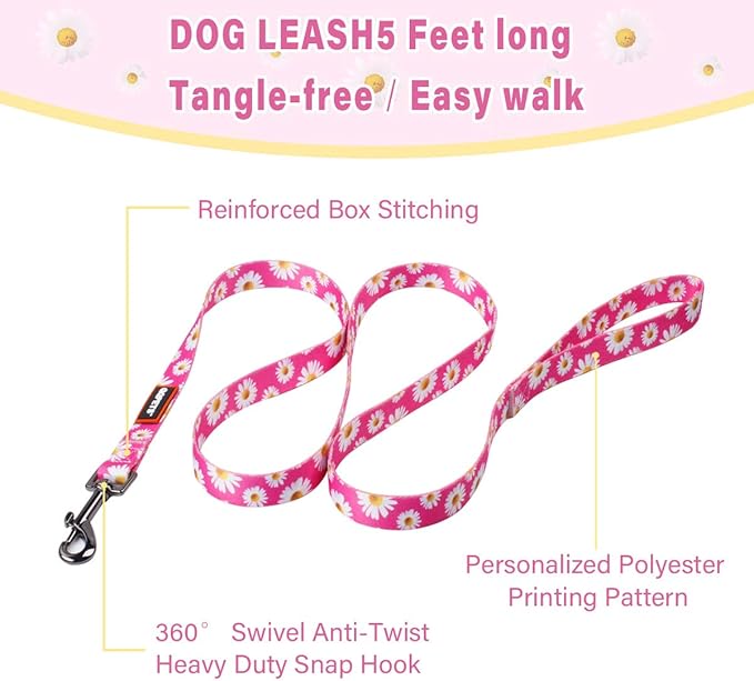 QQPETS Dog Harness Leash Set Adjustable Heavy Duty No Pull Halter Harnesses for Small Medium Large Breed Dogs Back Clip Anti-Twist Perfect for Walking (S(14"-20" Chest Girth), Daisy)