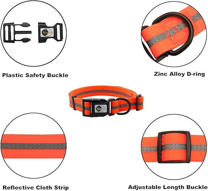 NIMBLE Dog Collar Waterproof Pet Collars Anti-Odor Durable Adjustable PVC & Polyester Soft with Reflective Cloth Stripe Basic Dog Collars S/M/L Sizes (Medium (11.81”-18.5”inches), Orange)