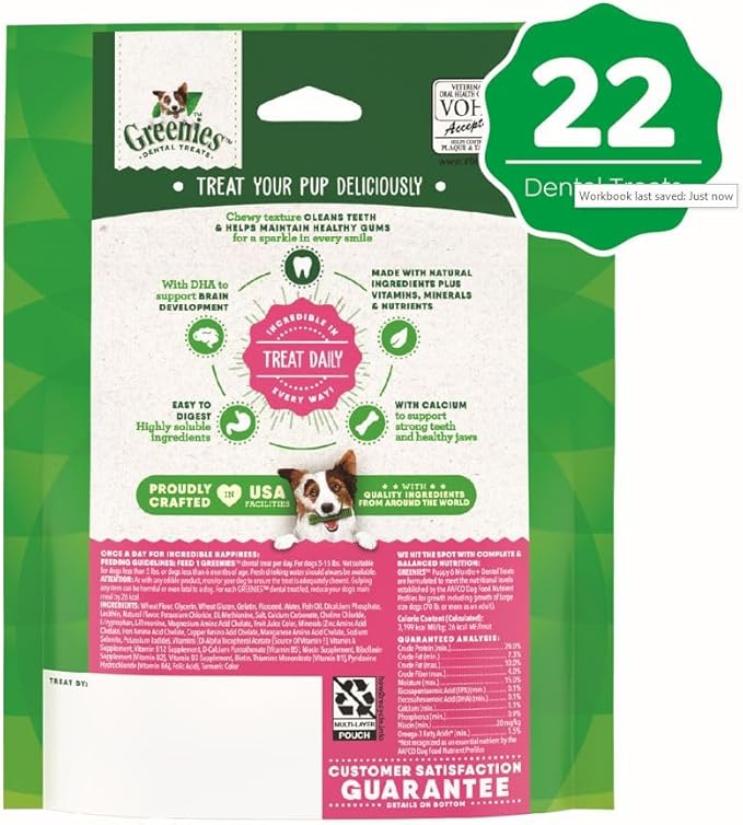 Greenies Puppy Teenie Size Dental Dog Treats, 6 oz. Pack (22 Treats)