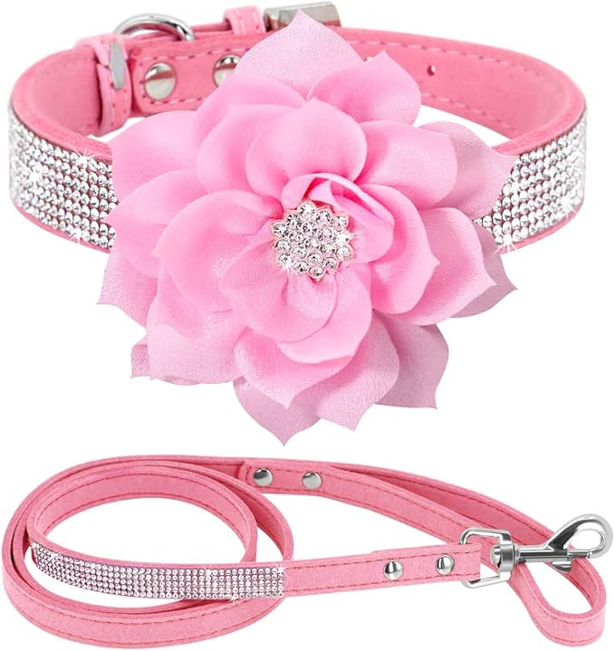 PET ARTIST Rhinestone Dog Collar and Leash Set, Sparkling Girl Dog Collars with Bling Diamonds, Soft Leather Pink Pet Collar with Cute Flower for Small Medium Dogs Walking Party Wedding,M