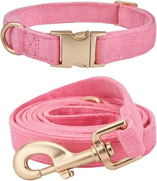 Soft Corduroy Dog Collar and Leash Set, Adjustable Cotton Dog Collars with Metal Buckle and Lead for Large Dogs,Hot Pink