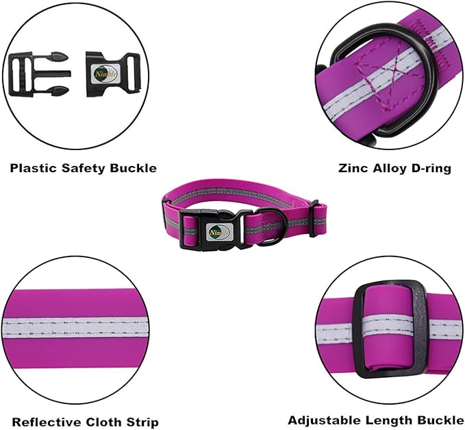 NIMBLE Dog Collar Waterproof Pet Collars Anti-Odor Durable Adjustable Polyester Soft with Reflective Cloth Stripe Basic Dog Collars S/M/L Sizes (Medium (11.81”-18.5”inches), Rose Purple)