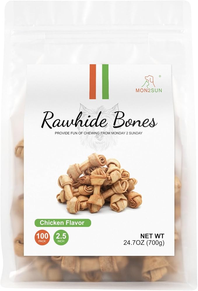 MON2SUN Dog Rawhide Knot Bones Small Rawhide Bones Mini Chews Chicken Flavour 2.5 Inch 100 Count for Puppy and Small Dogs