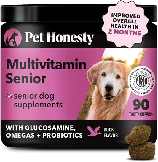 Senior Dog Multivitamin - Essential Dog Vitamins and Supplements - Glucosamine, Probiotics, Omega Fish Oil for Dogs Health & Heart- Dogs Vitamins Health Supplies (Duck 90 ct)