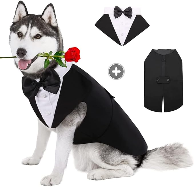 Tuxedo & Bandana Set, 2 Pack Pet Costume - Puppy Formal Party Suit, Dog Clothes - Small to Large, Wedding Attire, Golden Retriever, Samo Bulldogs (XL)