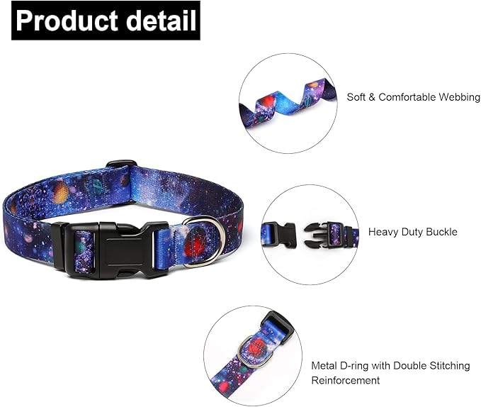 Adjustable Dog Collar with Patterns, Ultra Comfy Soft Nylon Breathable Pet Collar for Small Medium Large Dogs (M, Galaxy)