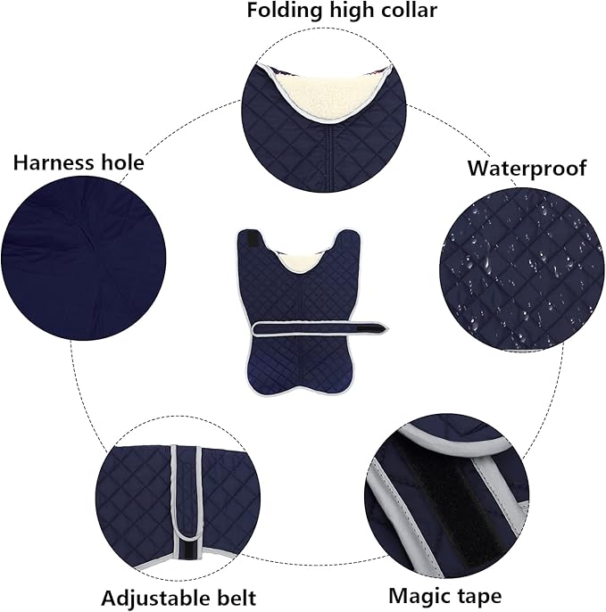 Warm Thermal Quilted Greyhound Coat with Harness Hole, Dog Winter Coat with Warm Fleece Lining, Outdoor Dog Apparel for Medium, Large Dog -Blue-S