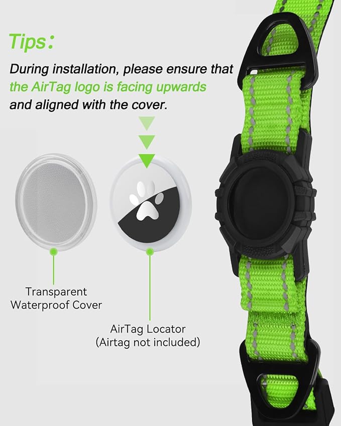 Joytale Airtag Dog Collar, Dual D-Rings, Reflective Pet Collar with Waterproof AirTag Holder, Soft Padded Adjustable for Medium Dogs, Green, M