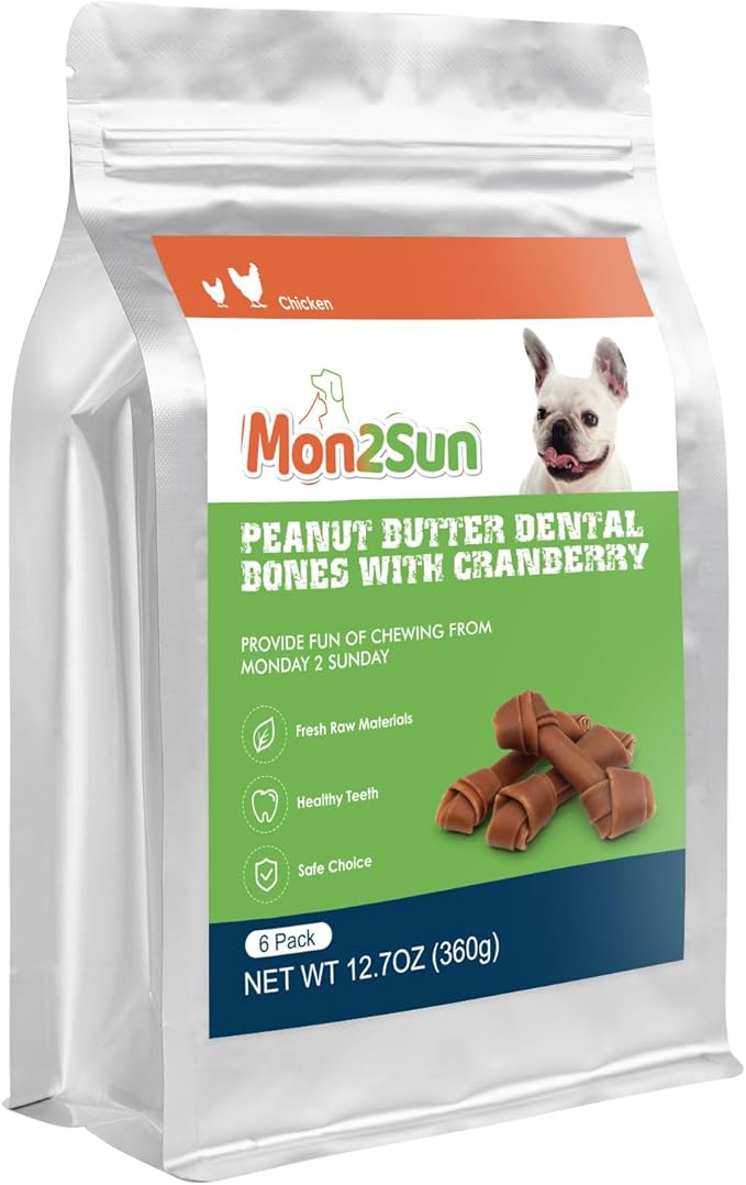MON2SUN Rawhide Free Dog Treats, Peanut Butter Bones, 5 Inch 6 Count Chews for Small and Medium Dogs, Healthy Bones for Balanced Nutrition (Peanut Butter, 12.7 Ounce -Pack of 1)