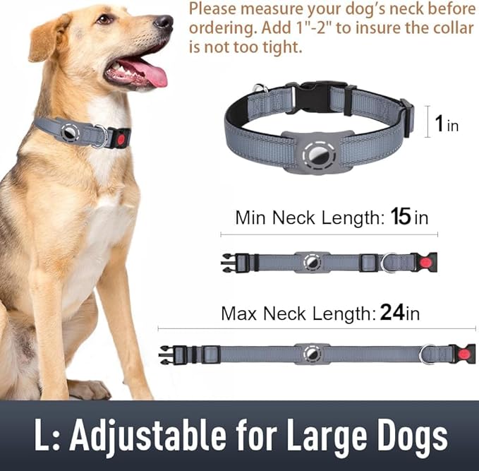 Airtag Dog Collar with AirTag Holder for Large Dogs, Reflective, Soft Padded & Safety Locking Buckle, Nylon Pet Collars Adjustable for All Breeds, Grey,L