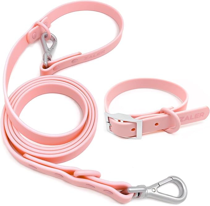 ZALER Dog Collar and Leash Set, Waterproof Adjustable Odor Proof Pet Collars Leashes Easy to Clean, 6FT Dog Leash with 2 Hooks for Large, Medium Small Dogs (M, Pink)