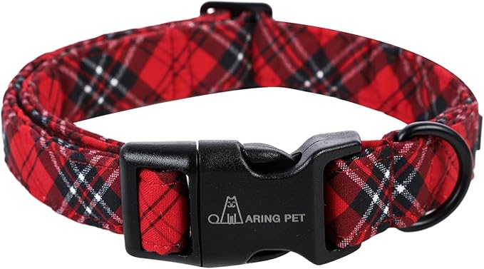 ARING PET Christmas Dog Collar-Cotton Lightweight Dog Collars, Adjustable Red Plaid Christmas Pet Collars Puppy Collar with Quick Release Buckle