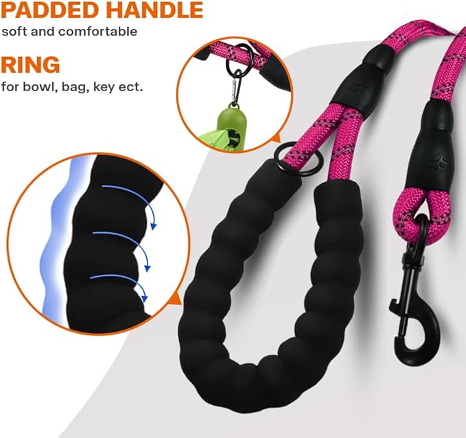 Taglory Rope Dog Leash 6 FT with Comfortable Padded Handle, Highly Reflective Threads Leash for Small Dogs, 3/8 inch, Hotpink