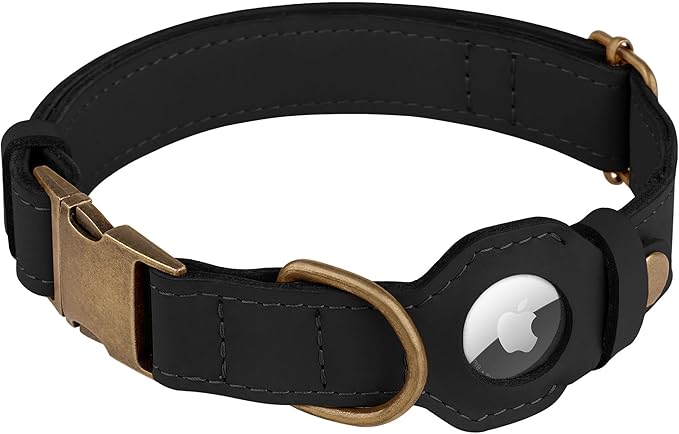 AirTag Dog Collar - Genuine Leather Dog Collar with Apple AirTag Holder and Metal Buckle - Smart GPS Tracking Pet Collars for Small Medium Large Dogs Puppy (Black, L, 17"-21" Neck Fit)