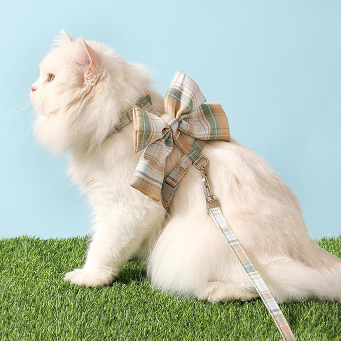Cat Harness and Leash Set for Safe Walking, Bow Tie Cat Collar Harness, Adjustable Soft Travel Kitten Harness for Small Medium Large Cats (Green Bow-M)