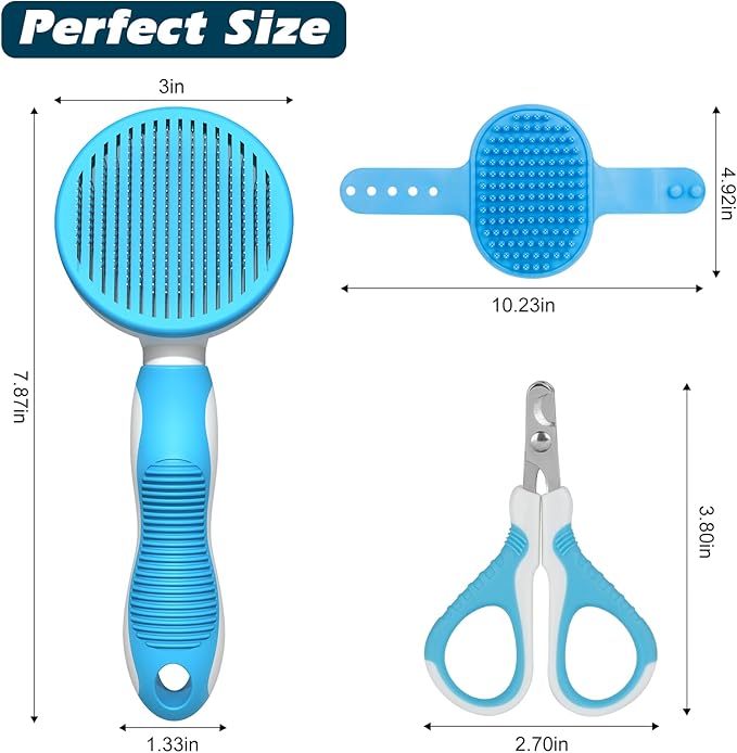 Comotech 3PCS Cat Grooming Kit | Cat Brush | Cat Brushes for indoor Cats | Cat Nail Clipper | Cat Nail Trimmer | Cat Bath Brush | Cat Brush for Shedding - Premium Cat Supplies (Blue)