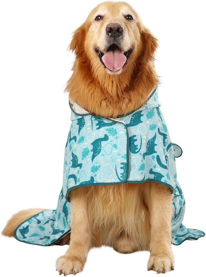 HDE Dog Bathrobe Super Absorbent Quick Drying Towel with Hood for All Dog Breeds Sizes S-XXL - Dinosaurs - L