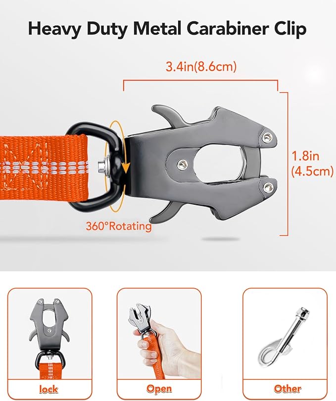 Joytale Tactical Dog Leash Heavy Duty, 4-6FT Shock Absorbing Bungee Lead with 2 Padded Handle, Metal Carabiner Clip, Car Seatbelt, Strong No Pull Leash for Medium Large X-Large Dogs, Orange