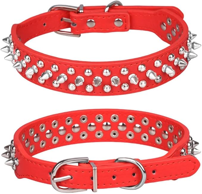Spiked Dog Collar, Mushrooms Rivet Spike Anti-Bite Studded Protective Pet Neck Pu Leather Puppy Collars for XXS XS Small Medium Large Boy Dogs Male Cats Goat, Red XL