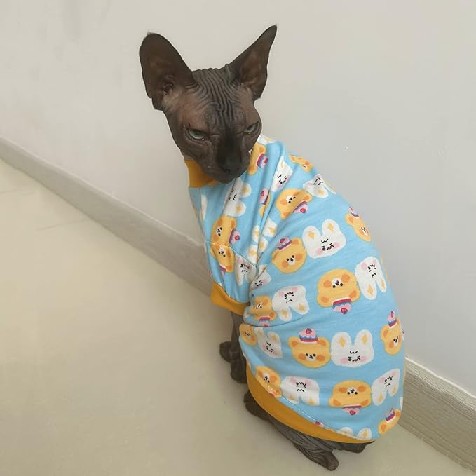 Sphynx Hairless Cat Cute Summer Cotton T-Shirts Pet Clothes,Round Collar Kitten Shirts Cats Apparel (Bear & Bunny, Large (Pack of 1))