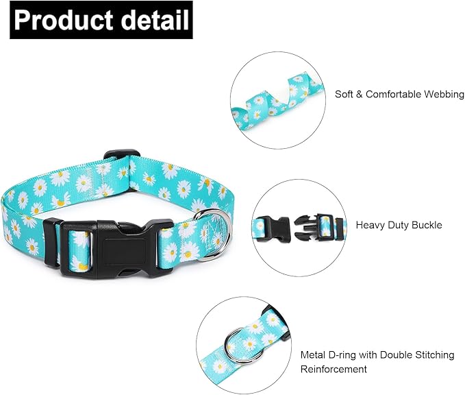Adjustable Dog Collar with Patterns, Ultra Comfy Soft Nylon Breathable Pet Collar for Small Dogs (XS, Blue Daisy)