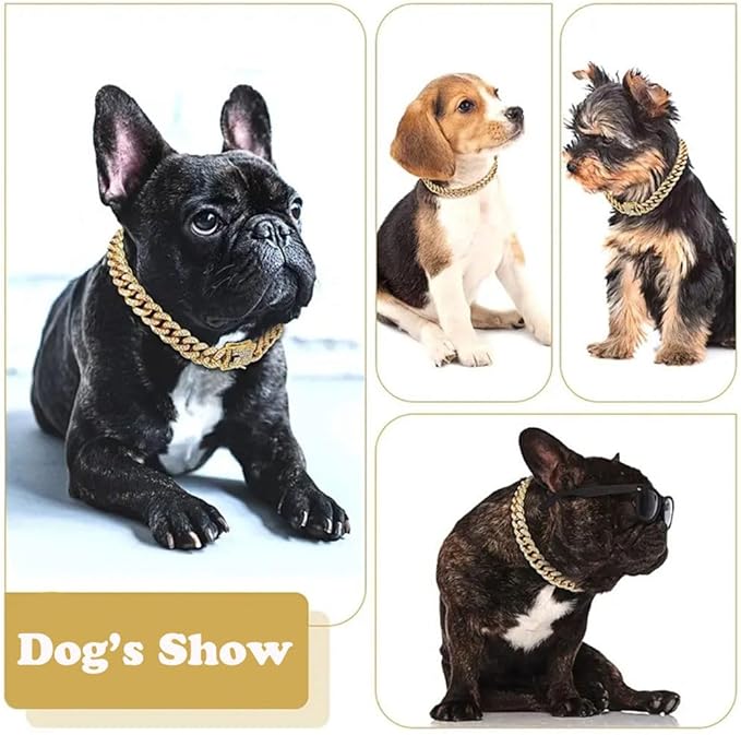 Sliver Dog Necklace, Glitter Rhinestone Sparkly Bling Diamond Metal Cuban Link Dog Chain for Small Medium Large Pet Dogs, 16 inch