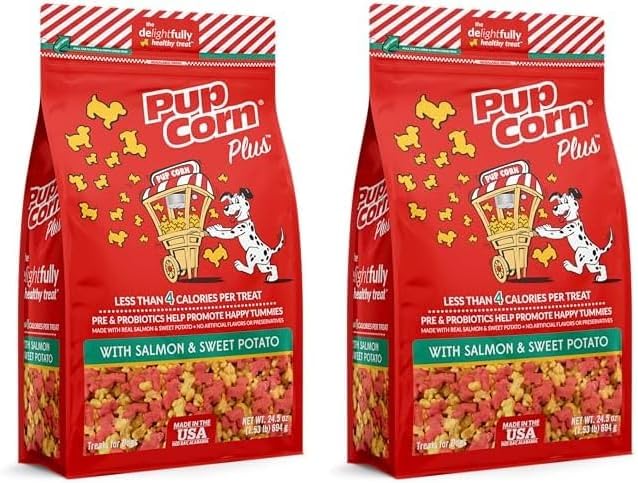 Pup Corn Plus - Puffed Dog Treats with Prebiotics and Probiotics - Salmon & Sweet Potato (24oz) - Made in USA (Pack of 2)