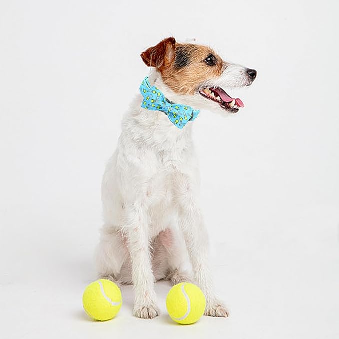 Dog Collar-Tennis Balls Print Adjustable Pet Collar Cute Cotton Soft Collars with Bow Tie Spring Summer Metal Buckle Puppy Collar Gift for X-Large Dogs
