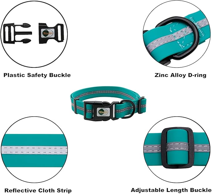 NIMBLE Dog Collar Waterproof Pet Collars Anti-Odor Durable Adjustable PVC & Polyester Soft with Reflective Cloth Stripe Basic Dog Collars S/M/L Sizes (Large (15.35”-24.8”inches), Emerald Green)