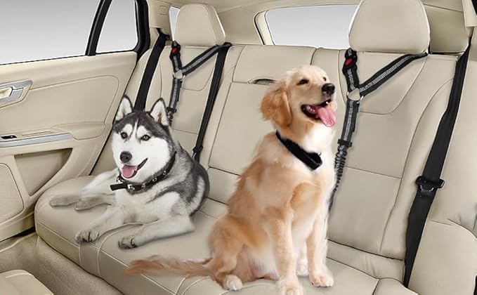 YAOHDAO Dog Seat Belt Harness for Car, Restraint Adjustable with Elastic Bungee Buffer Headrest for Vehicle, 360° Swivel Carabiner Nylon Pet Safety Seat Belts Heavy Duty Car Harness for Dogs (Black)