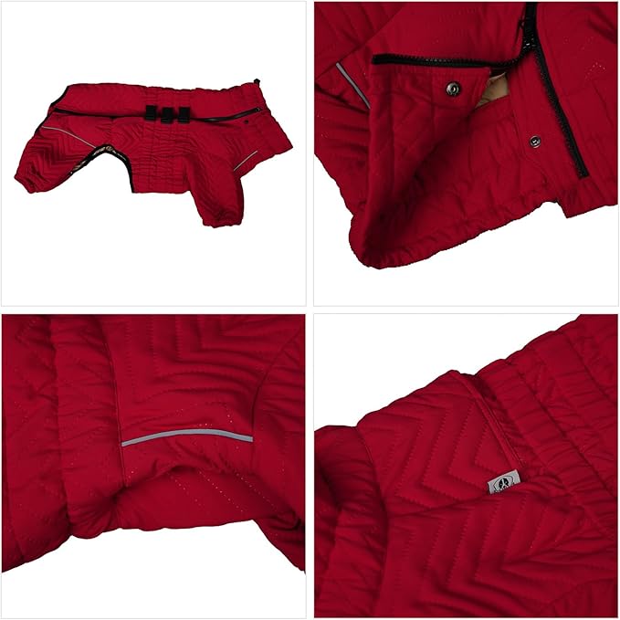Warm Dog Coat Double Layers Dog Vest, 4 Legs Covered Windproof Waterproof Reflective Warm Dog Vest Outdoor Skating Dog Costume for Small Medium Large Dogs Red 5XL