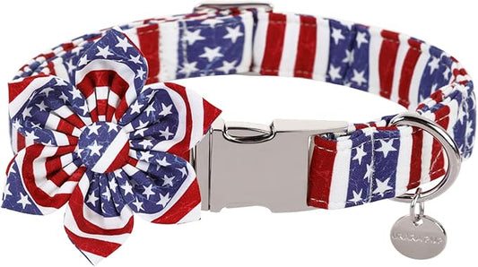 Dog Collar with Flower, 4th of July Comfortable Cotton Dog Collar, American Flag Collar for Small Girl Dog, Patriotic Flower Collar with Metal Buckle, S