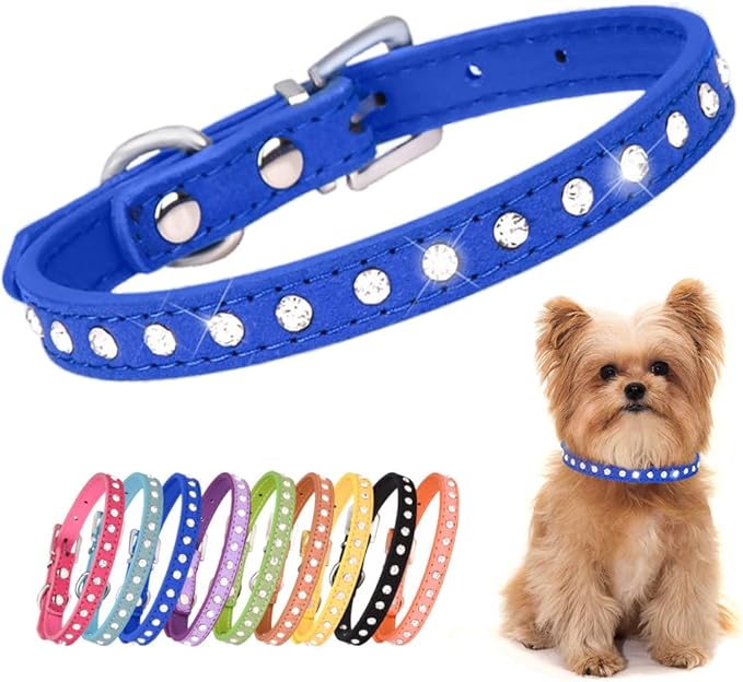 Blue Rhinestone XXS Dog Collar, Pretty Bling Diamond Kitten Collar Crystal Jewel Glitter Puppy Collar: XXSmall