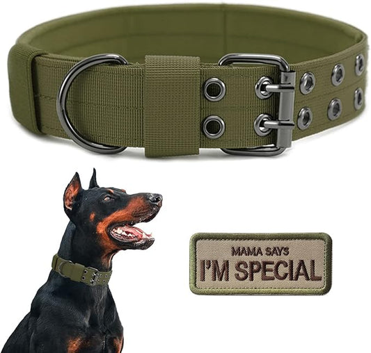 Tactical Dog Collar Military Adjustable Dog Collars Soft Nylon K9 Training Collar with Patch Heavy Duty Metal Buckle Collars for Medium Large Dogs (Green, L)