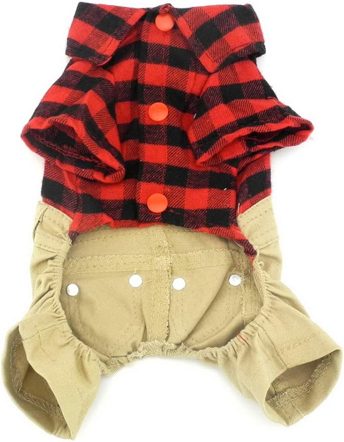 SMALLLEE_LUCKY_STORE Pet Clothes for Small Dog Cat Red Plaid Shirts Sweater with Khaki Overalls Pants Jumpsuit Outfits S