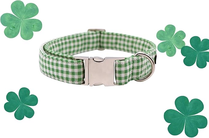 Lionet Paws Dog Collar, Comfortable Adjustable Cute Collar with Metal Buckle for Male Female Dogs, Green&White Grid Pattern, Large, Neck 16-24 inches