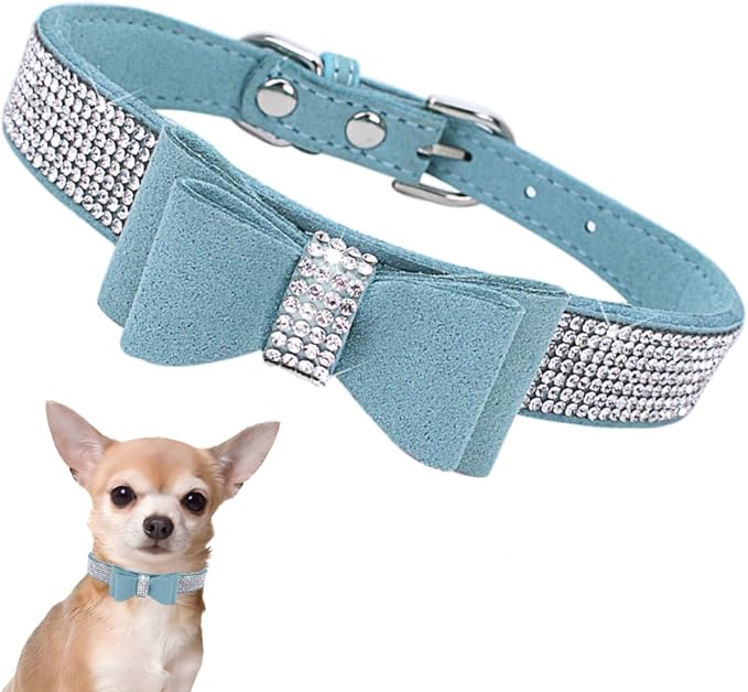 Rhinestone Dog Collar with Bow Tie, Cute Knot Crystal Bling Diamond Glitter Puppy Collars for XXS XS Small Medium Large Pet Girls Dogs Female Cats, Teal XXL