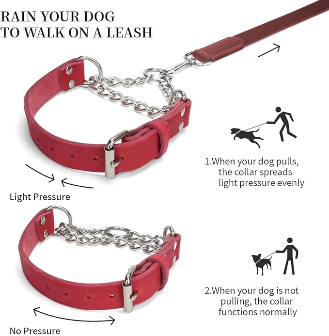 Martingale Collar for Dogs No-Pull Adjustable Training Collar with Stainless Steel Chain - Genuine Leather Anti-Slip Design for Small,Medium,Large Breed Dogs - Red (S)
